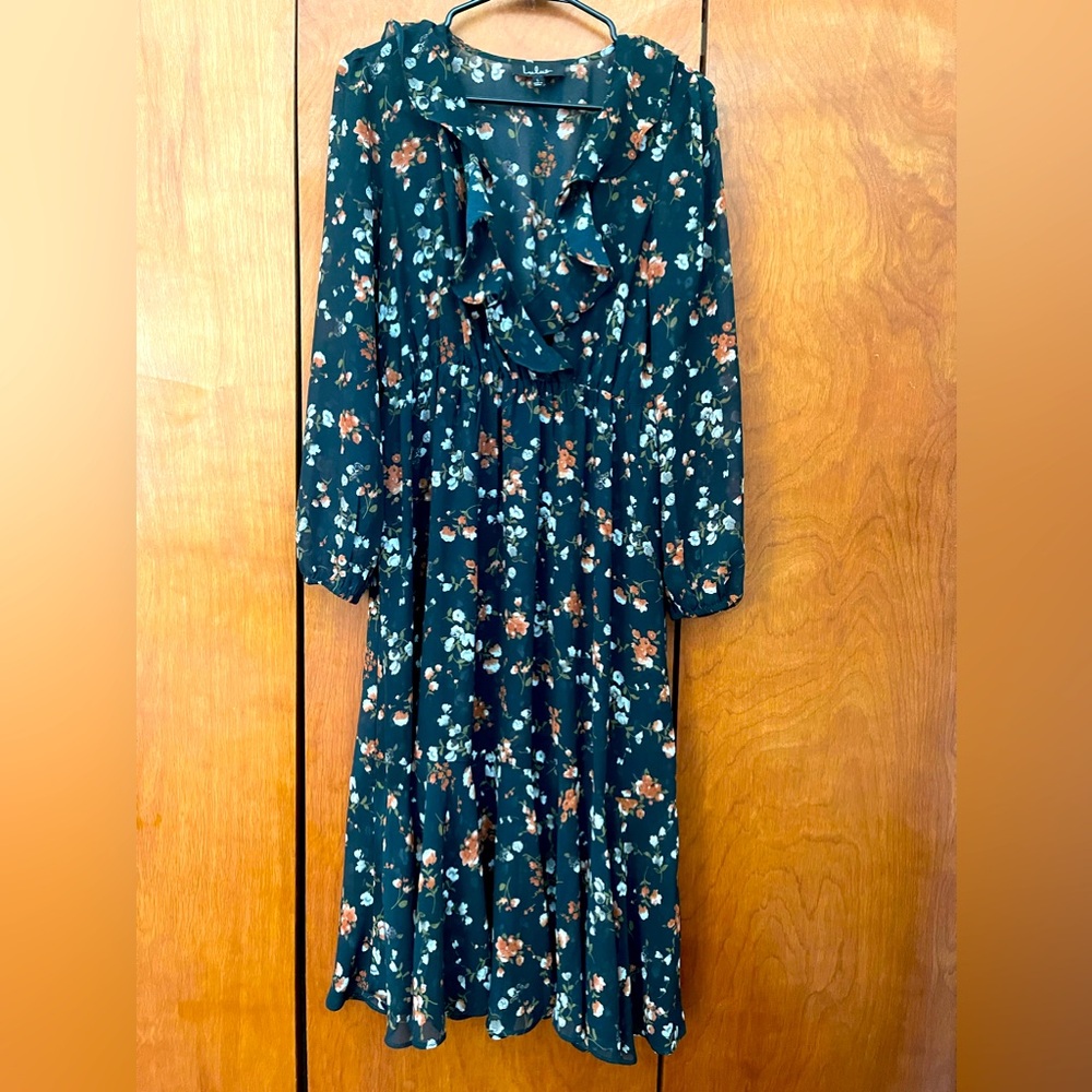 Lulu's Dark Teal Floral Long Sleeve Ruffle Midi Dress
